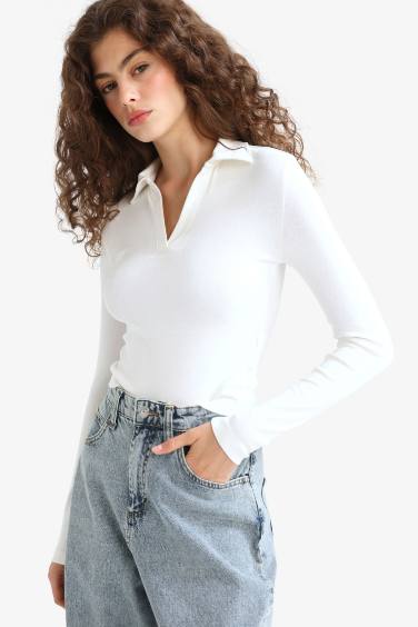 Fitted Polo Yaka Basic Düz Modal Uzun Kollu Beyaz Tişört
