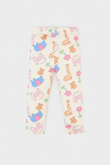 Baby Girl Regular Fit Animal Patterned Ribbed Trousers