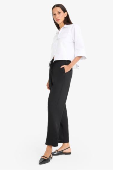 Carrot Fit Elastic Waist Midi Linen Blend Trousers