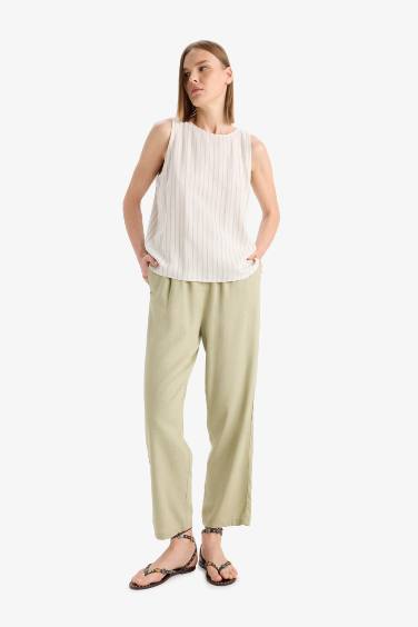 Carrot Fit Elastic Waist Midi Linen Blend Trousers