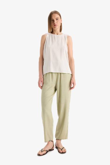 Carrot Fit Elastic Waist Midi Linen Blend Trousers