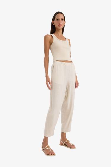 Carrot Fit Elastic Waist Midi Linen Blend Trousers