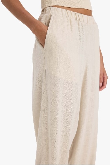 Carrot Fit Elastic Waist Midi Linen Blend Trousers