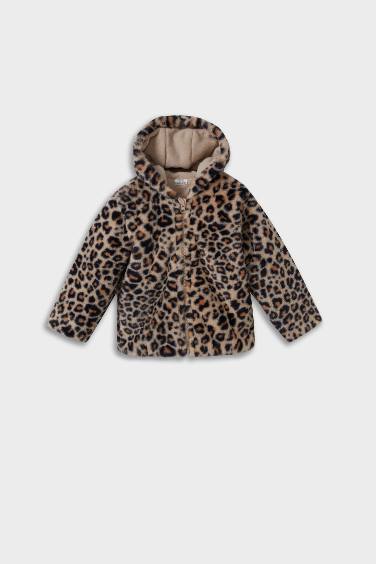 Kız Bebek Kapüşonlu Leopar Desenli Fermuarlı Pelüş Mont