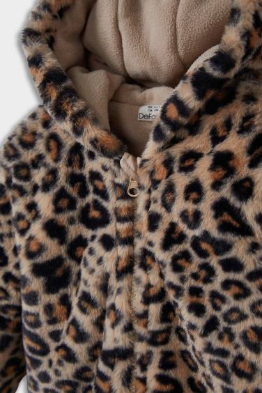 Kız Bebek Kapüşonlu Leopar Desenli Fermuarlı Pelüş Mont