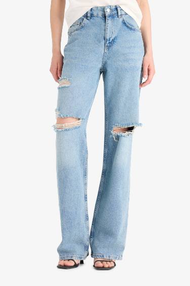Straight Wide Yırtık Detaylı Yüksek Bel Uzun Jean Yıkamalı Pantolon