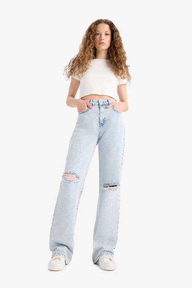 Straight Wide Yırtık Detaylı Yüksek Bel Uzun Jean Yıkamalı Pantolon