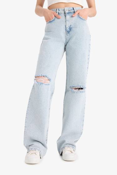 Straight Wide Yırtık Detaylı Yüksek Bel Uzun Jean Yıkamalı Pantolon