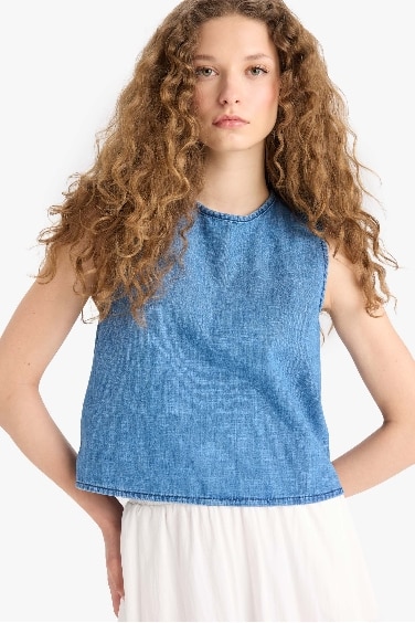 Crew Neck Linen Look Sleeveless Blouse