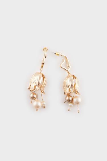 Kadın Çiçek Motifli İncili Gold Küpe