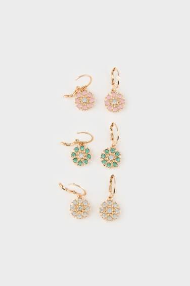 Kadın 3'lü Çiçekli Taşlı Küpe