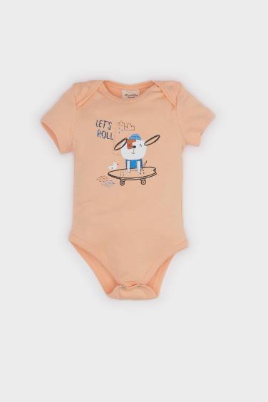 Erkek Bebek Yenidoğan Bisiklet Yaka Hayvan Desenli Ribana Uzun Kollu Çıtçıtlı Body
