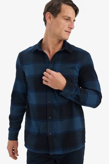 Regular Fit Polo Collar Plaid Flanel Long Sleeve Shirt
