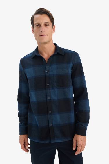 Regular Fit Polo Collar Plaid Flanel Long Sleeve Shirt