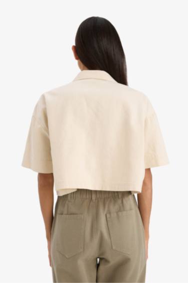 %100 Pamuk Cropped Fıt Cepli Jean Gömlek - Görsel 7