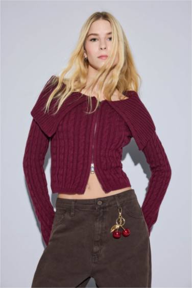 Regular Fit Açık Omuz Fermuarlı Triko Hırka