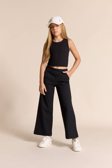 بنطلون بناتي وافل وايد ليج برجل واسع