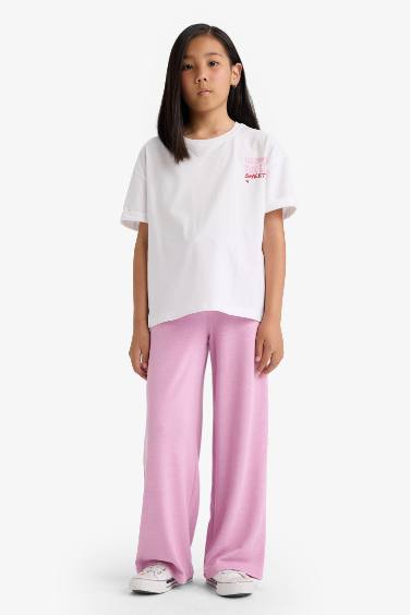 بنطلون بناتي وايد ليج برجل واسع زهري