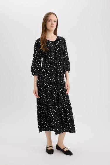 Regular Fit Desenli  V Yaka Uzun Kollu Maxi Elbise