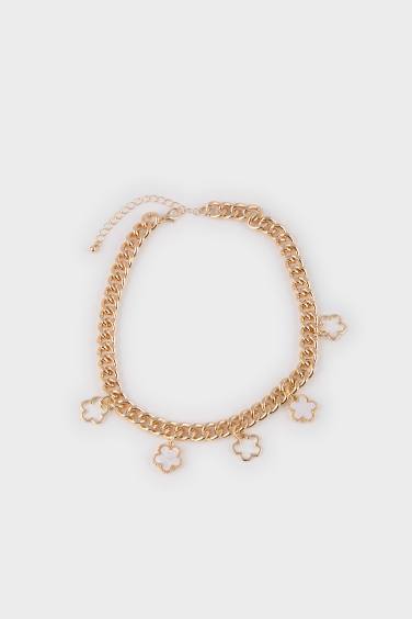 Woman White Floral Thick Chain Gold Necklace