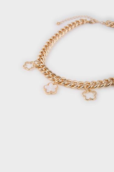 Kadın Beyaz Çiçekli Kalın Zincir Gold Kolye