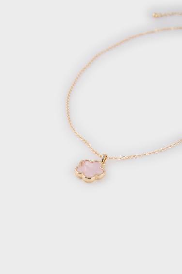 Kadın Pembe Çiçekli Gold Kolye