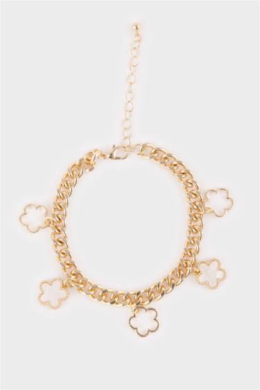Kadın Beyaz Çiçekli Gold Kalın Zincir Bileklik