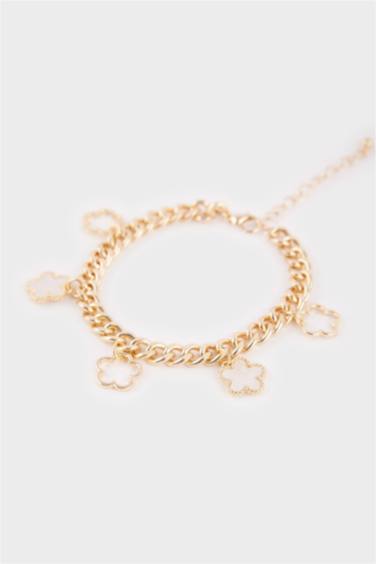 Kadın Beyaz Çiçekli Gold Kalın Zincir Bileklik