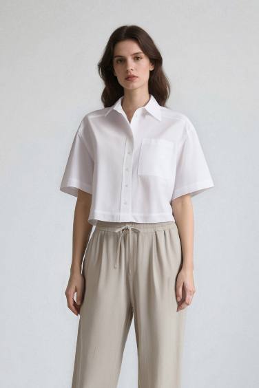 Oversize Fit Shirt Collar Poplin Short Sleeve Shirt