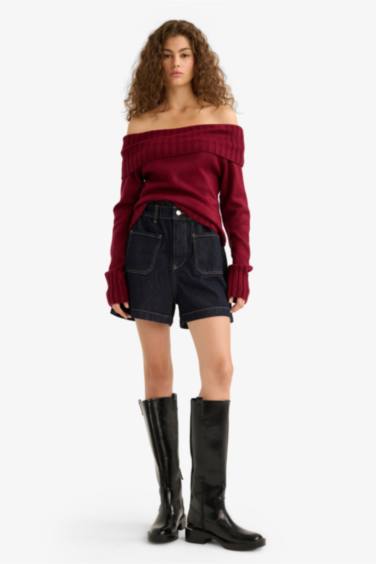 Slim Fit Dar Kesim Açık Omuz Triko Kazak