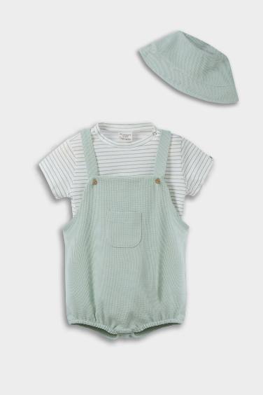 Ensemble T-shirt rayé et Salopette en tissu gaufré avec Chapeau pour bébé garçon