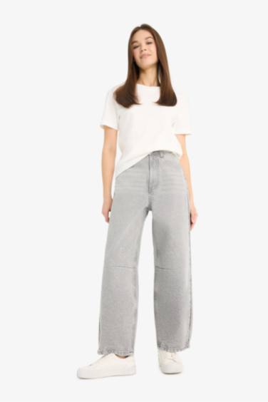 Barrel Fit Yüksek Bel Düz Paça Uzun Jean Kar Yıkamalı Pantolon