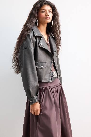 Oversize Geniş Kalıp Tafta Suni Deri Ceket Mont