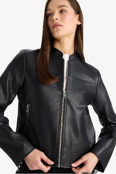 Regular Fit Suni Deri Fermuarlı Ceket Mont