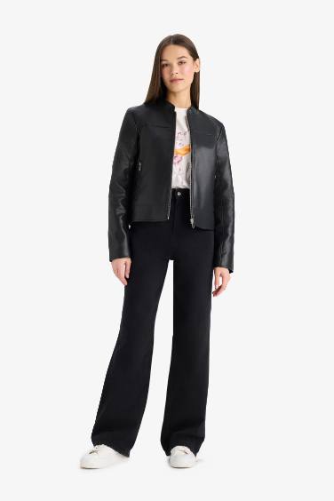 Regular Fit Suni Deri Fermuarlı Ceket Mont