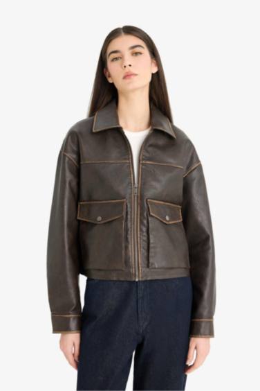 Relax Fit Polo Yaka Tafta Suni Deri Mont