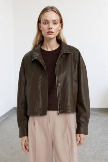 Regular Fit Zippered Faux Leather Jacket