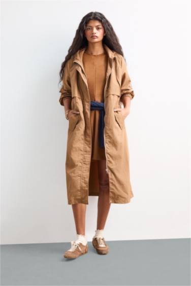 Regular Fit Hooded Zipered Long Raincoat