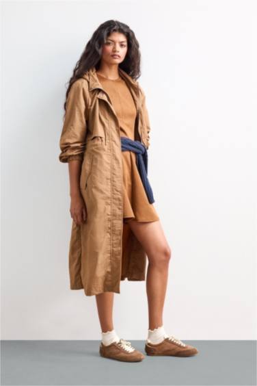 Regular Fit Hooded Zipered Long Raincoat