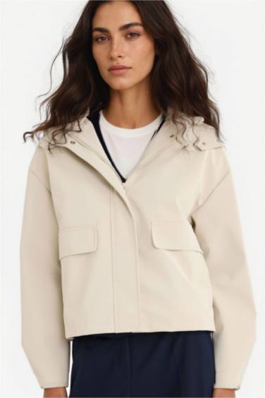 جاكيت مطر جلد صناعي قصة عادية بغطاء للرأس ببطانة صوفية