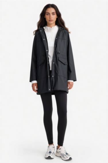 جاكيت مطر جلد صناعي قصة عادية بغطاء للرأس