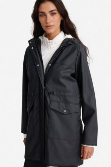 جاكيت مطر جلد صناعي قصة عادية بغطاء للرأس