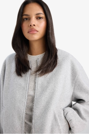 Regular Fit Hakim Yaka Fermuarlı Kaşe Bomber Mont