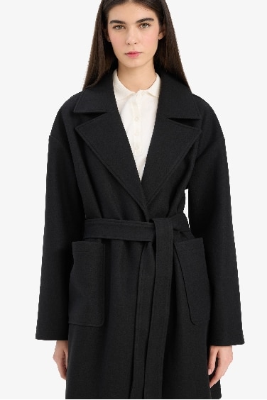 Regular Fit Kuşaklı Kaşe Kaban