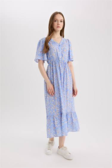 Regular Fit V-Neck Short Sleeve Midi Dress