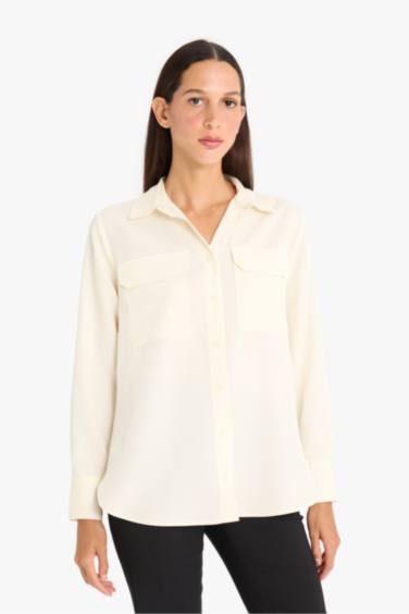 قميص كم طويل قماش ايوسل قصة عادية بياقة قميص