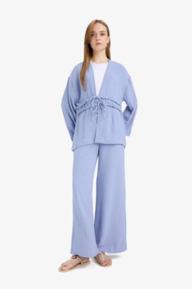 بنطلون جاكار وايد ليج برجل واسع بجيب