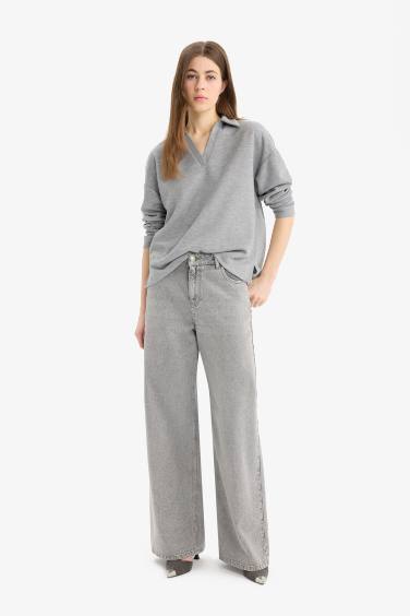 Relax Fit Polo Yaka Basic Düz Uzun Kollu Tişört