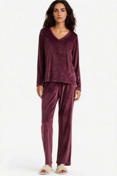 Pijama Takımı Regular Fit Uzun Kollu Velur Üst Uzun Alt