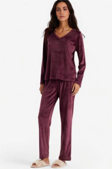 Pijama Takımı Regular Fit Uzun Kollu Velur Üst Uzun Alt